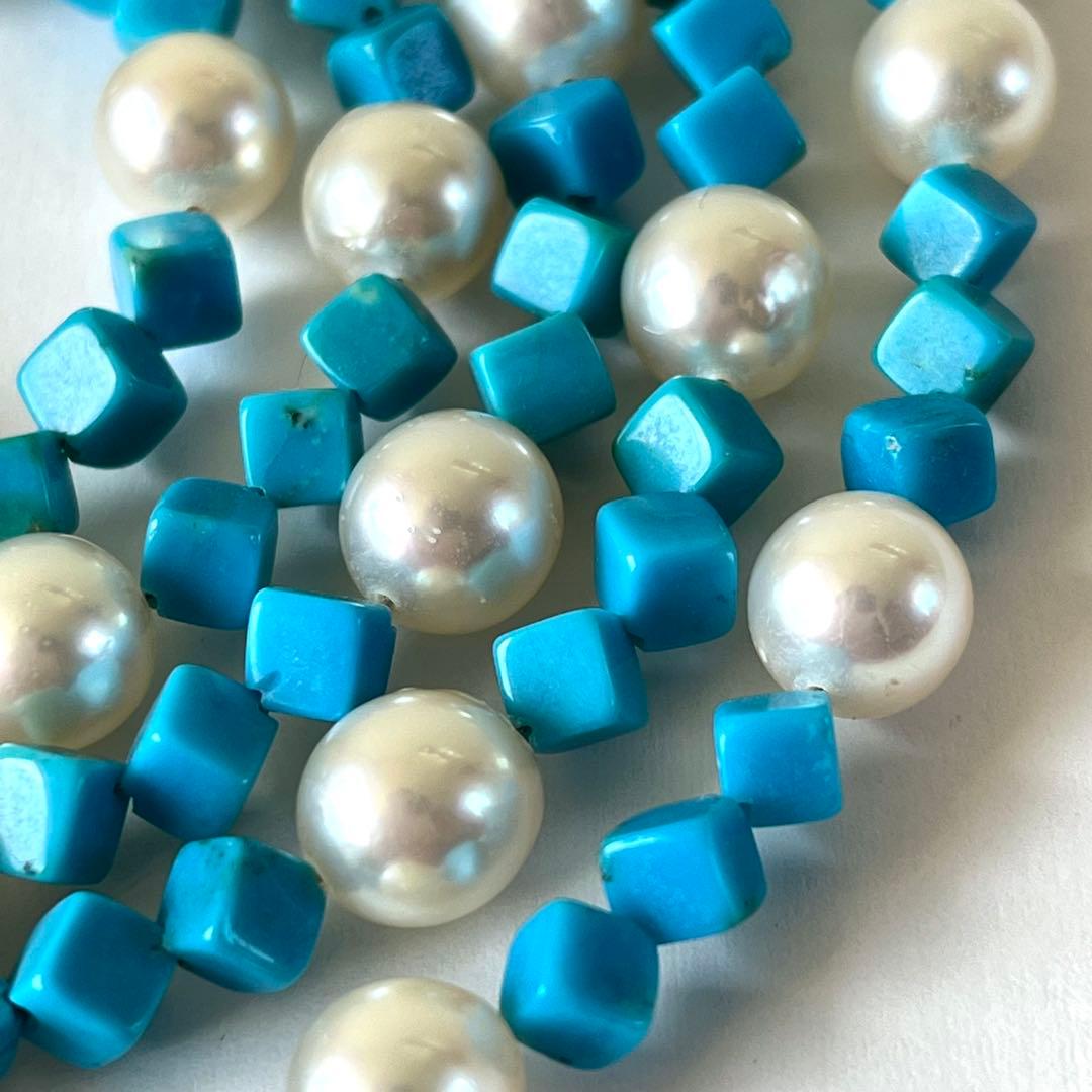 未使用級✨あこや真珠＆ターコイズ キューブカット ロングネックレス 2連可能