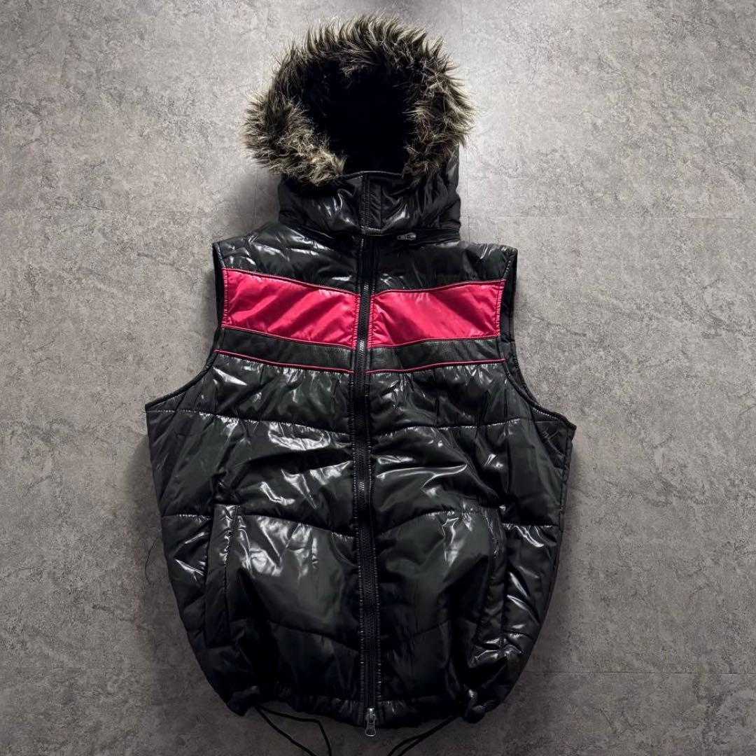 【00s archive】ファー　ダウン　ベスト　Y2K 短丈　光沢　ギャル男