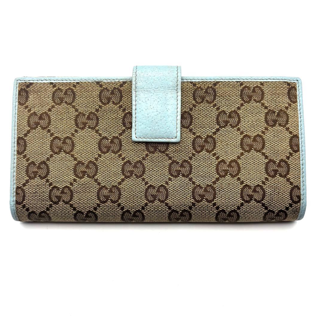 グッチ 長財布 GGキャンバス ロゴプレート 折り財布 Wフラップ ブルー
