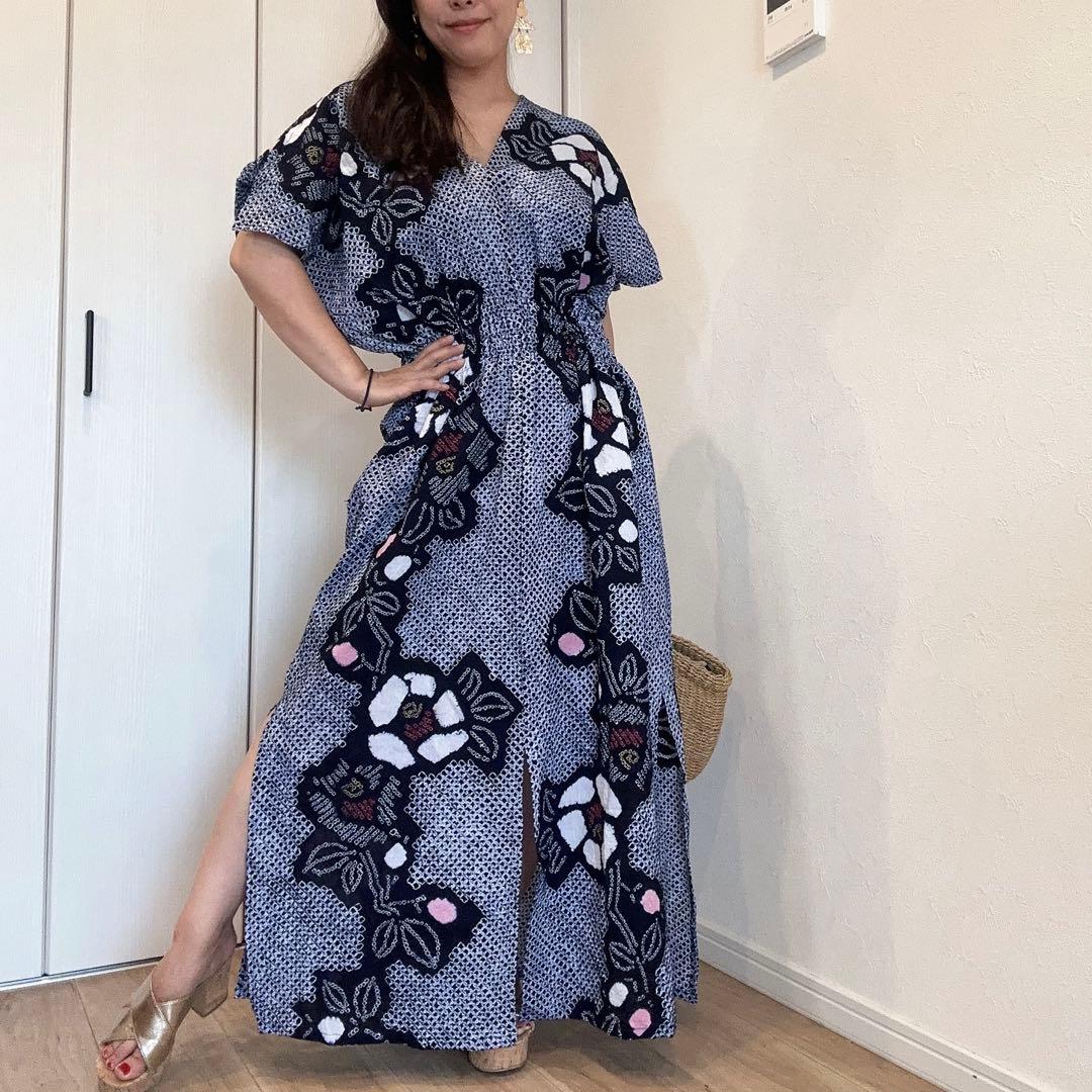 浴衣　リメイク　有松絞り　ワンピース ハンドメイド　ロング　白　紺　ピンク