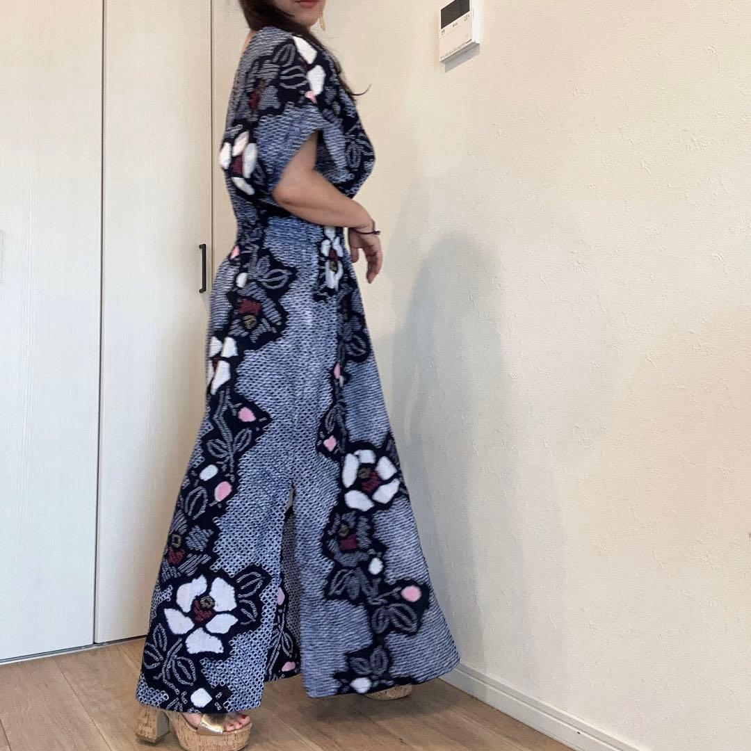 浴衣　リメイク　有松絞り　ワンピース ハンドメイド　ロング　白　紺　ピンク