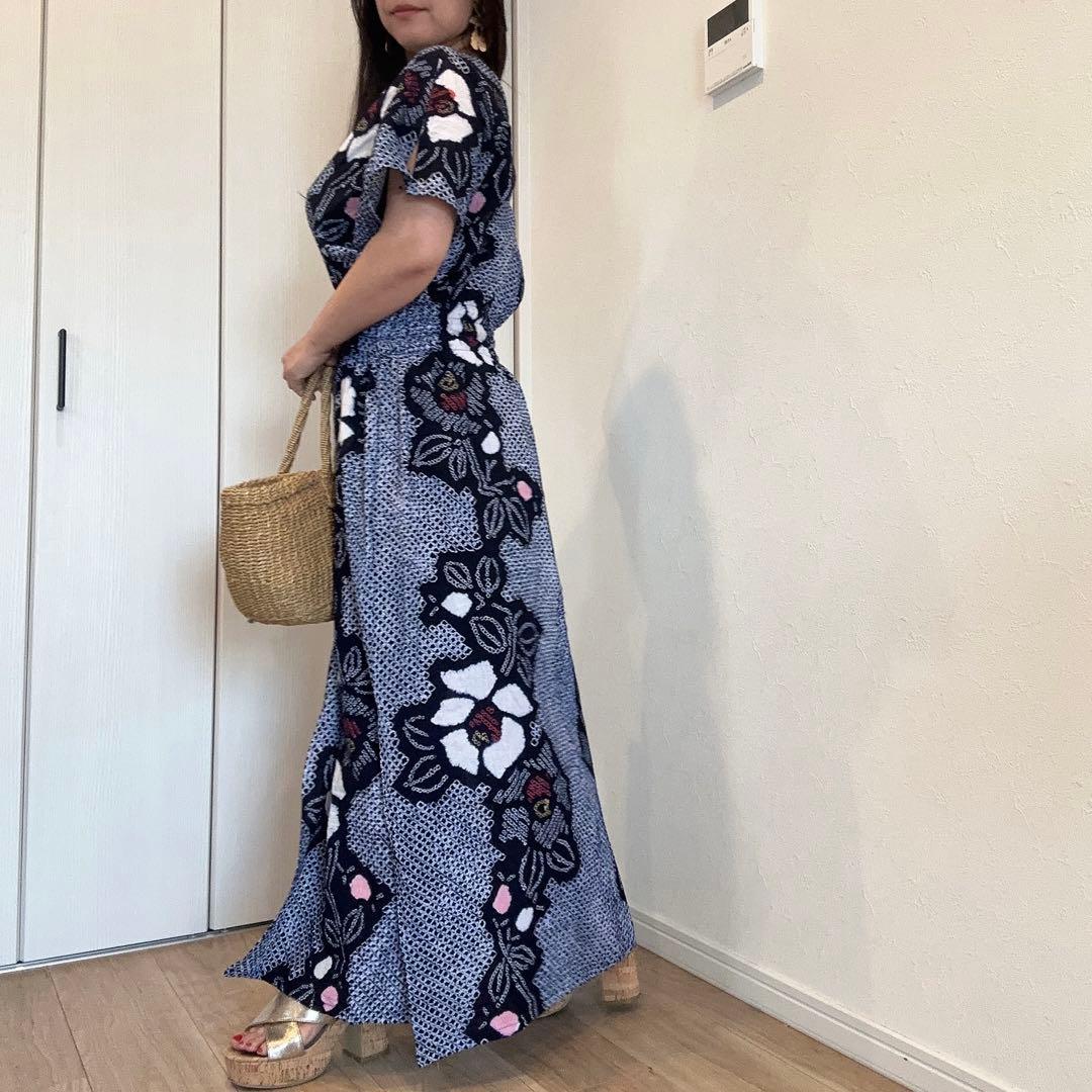 浴衣　リメイク　有松絞り　ワンピース ハンドメイド　ロング　白　紺　ピンク