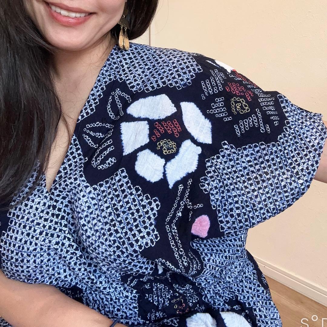 浴衣　リメイク　有松絞り　ワンピース ハンドメイド　ロング　白　紺　ピンク