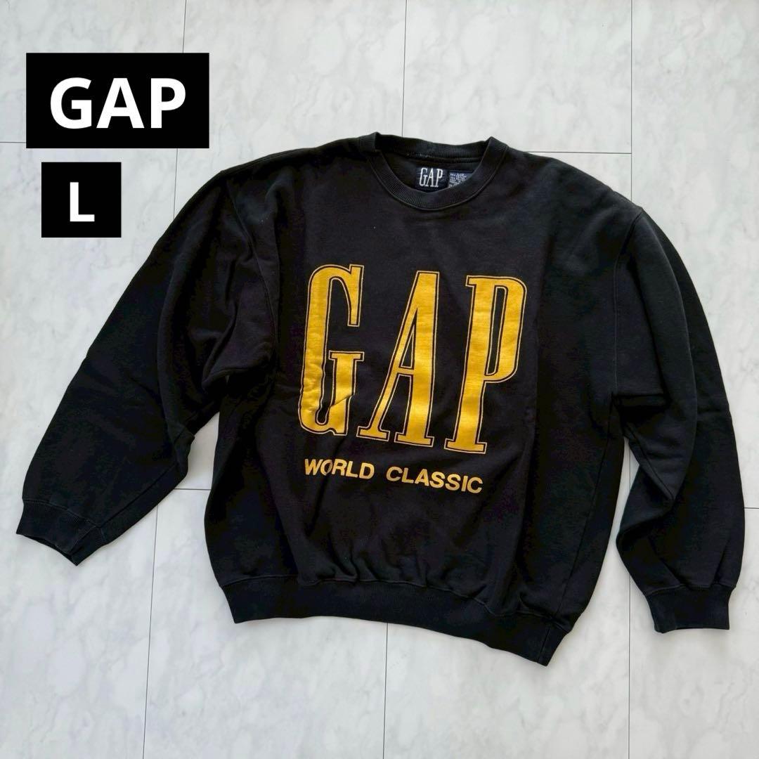 希少80s～90s【OLD GAP】スウェット・デカロゴ ◇黒・L・旧タグ　韓国