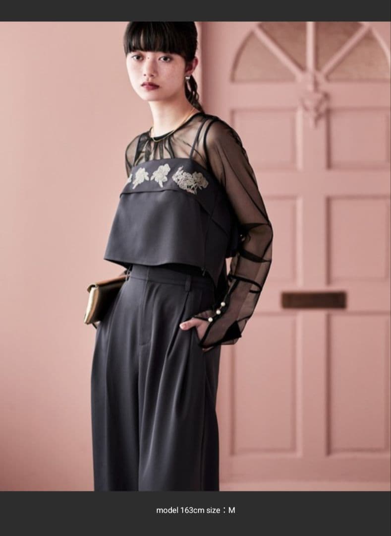 3piece刺繍リボンビスチェ&タックワイドパンツセットアップ