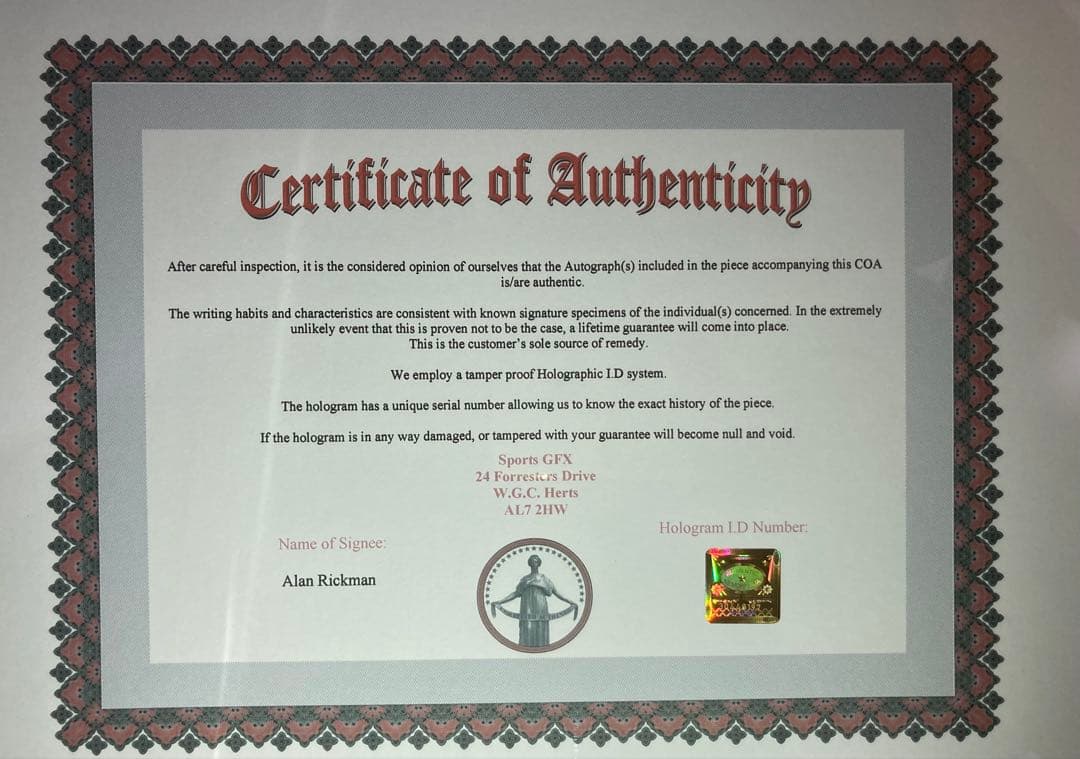 ハリー・ポッター　アラン・リックマン 直筆サイン入り写真 保証書付　スネイプ　i