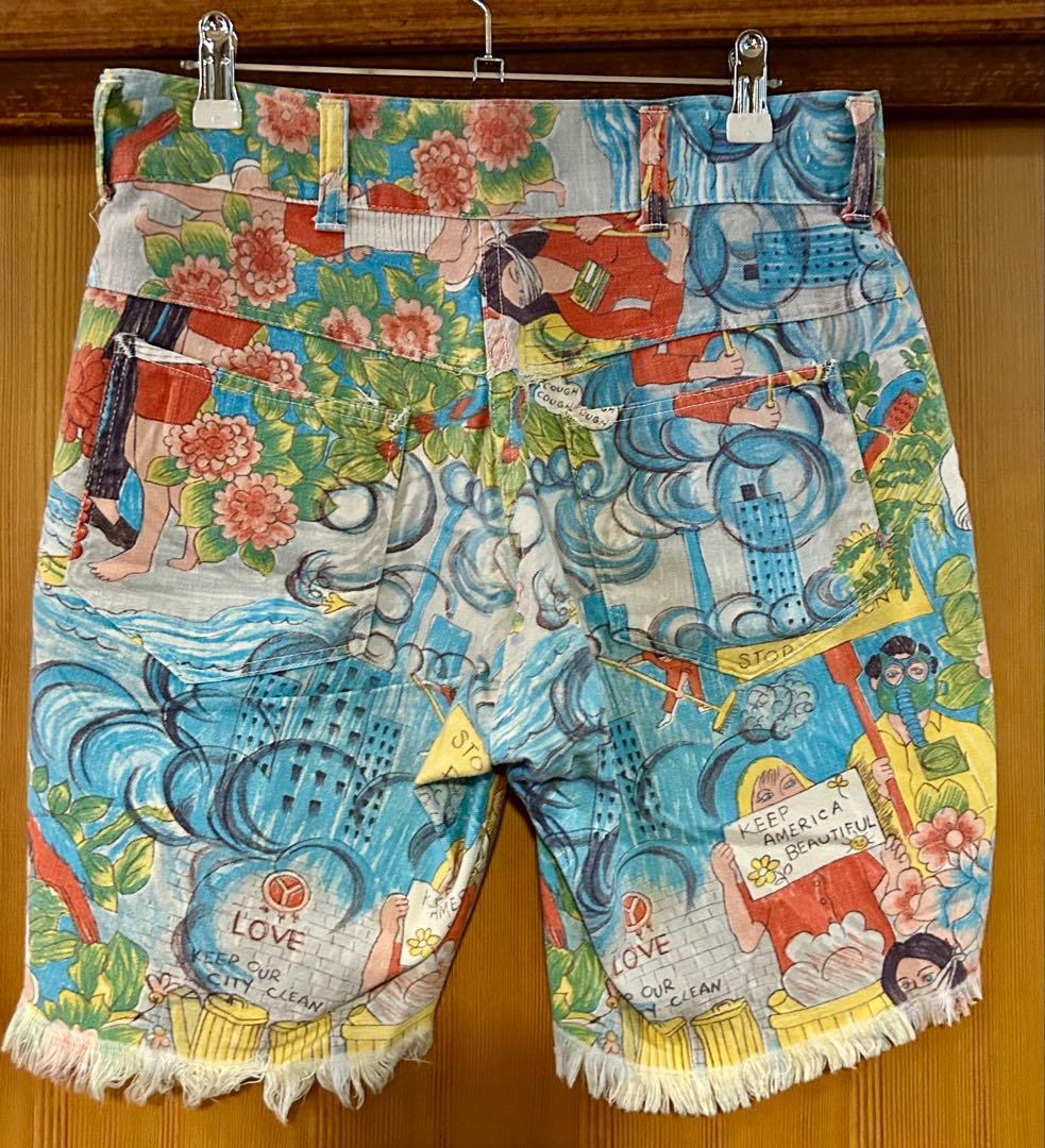 60〜70'sヴィンテージ　メッセージプリントファブリック　カットオフパンツ