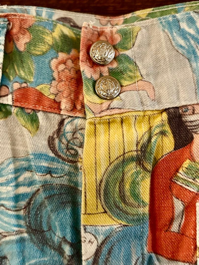 60〜70'sヴィンテージ　メッセージプリントファブリック　カットオフパンツ