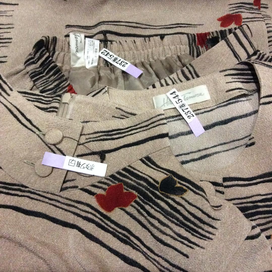 美品★詩仙堂ちりめん 3点セットアップ　ジャケット／ブラウス／スカート　ベージュ