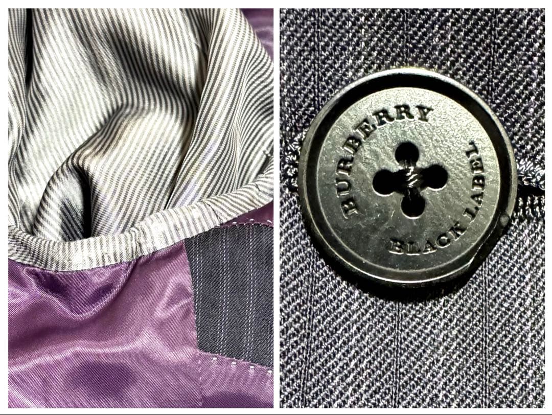 美品バーバリー ブラックレーベル スーツ ダブル 40R 3ピース ネイビー 紫