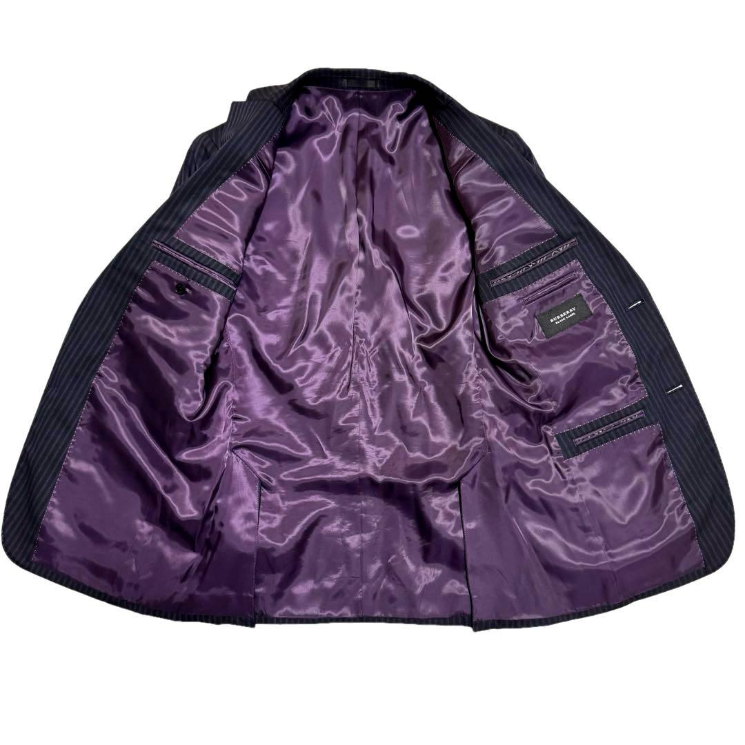 美品バーバリー ブラックレーベル スーツ ダブル 40R 3ピース ネイビー 紫