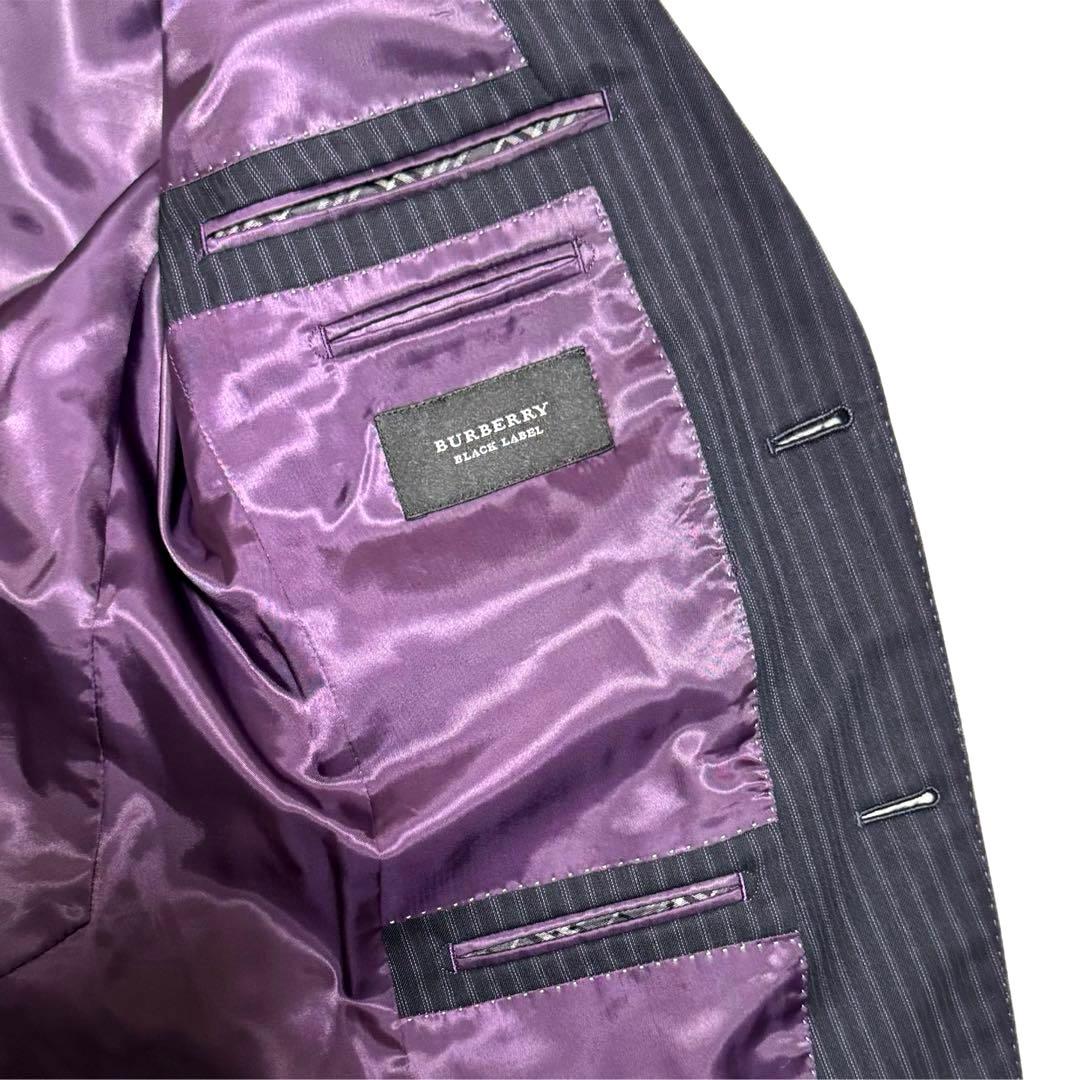 美品バーバリー ブラックレーベル スーツ ダブル 40R 3ピース ネイビー 紫