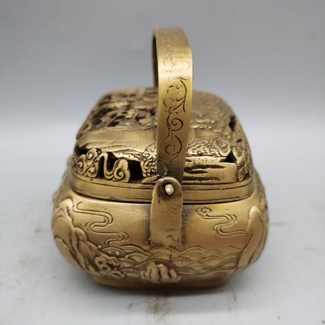銅器 浮彫二仙香薫炉 手提げ暖手炉 香炉 香道具 装飾品 工芸品 置物