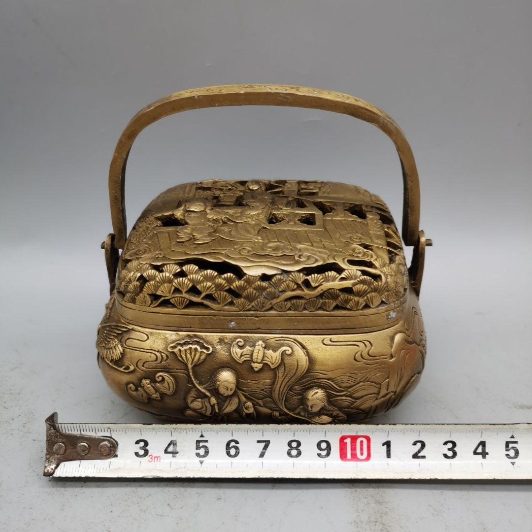 銅器 浮彫二仙香薫炉 手提げ暖手炉 香炉 香道具 装飾品 工芸品 置物