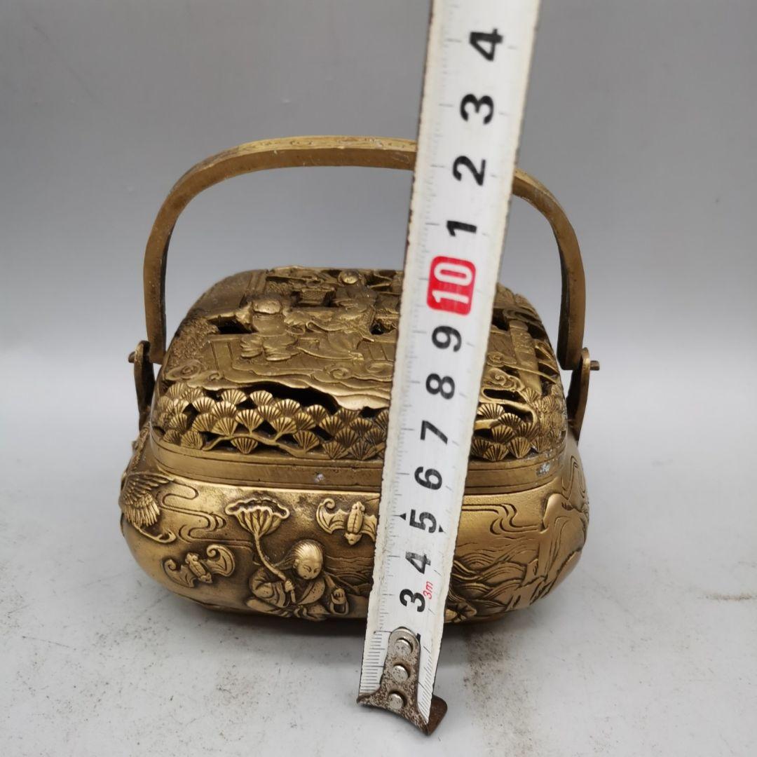 銅器 浮彫二仙香薫炉 手提げ暖手炉 香炉 香道具 装飾品 工芸品 置物