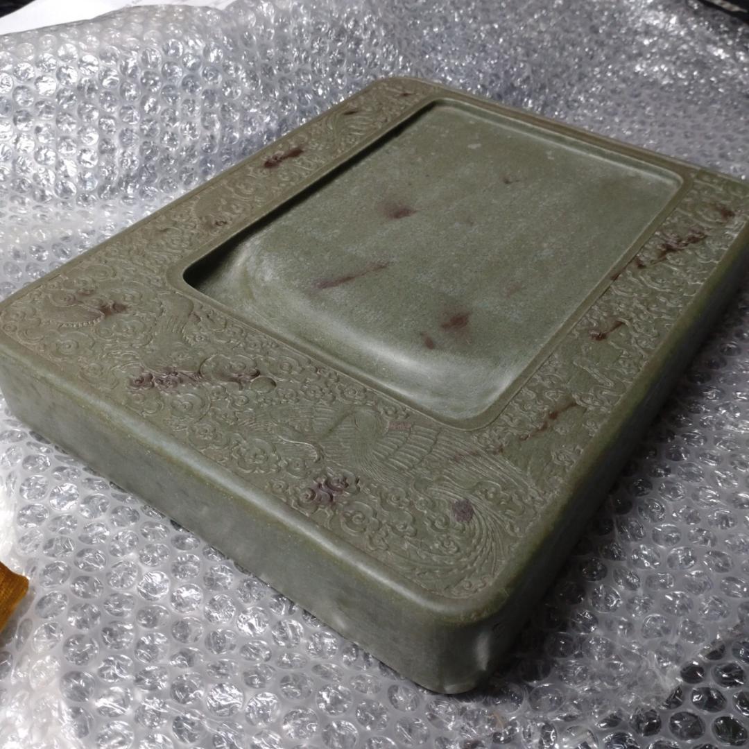 清代 上浣造 雲龍鳳凰彫刻 緑端渓硯 箱付 書道具