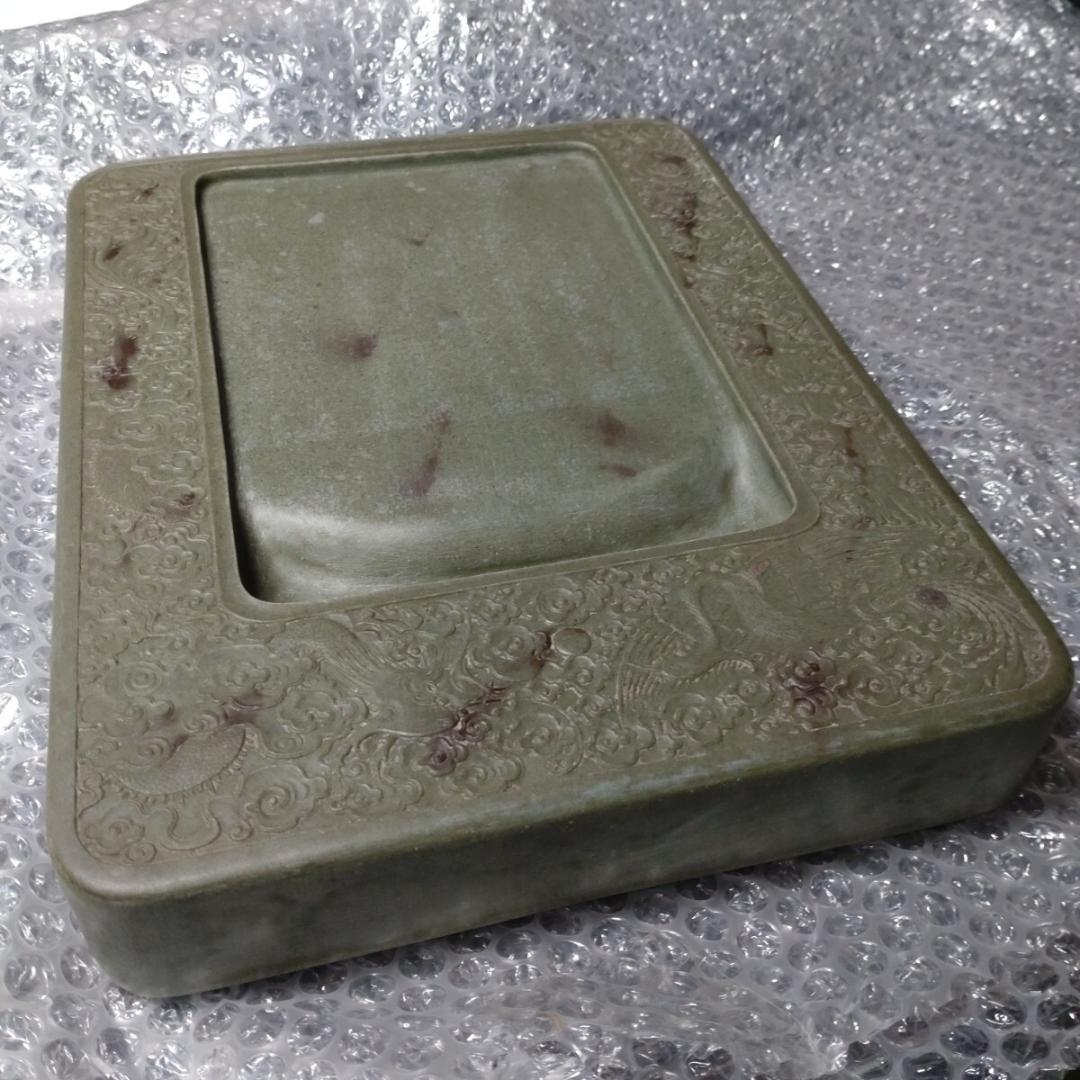 清代 上浣造 雲龍鳳凰彫刻 緑端渓硯 箱付 書道具