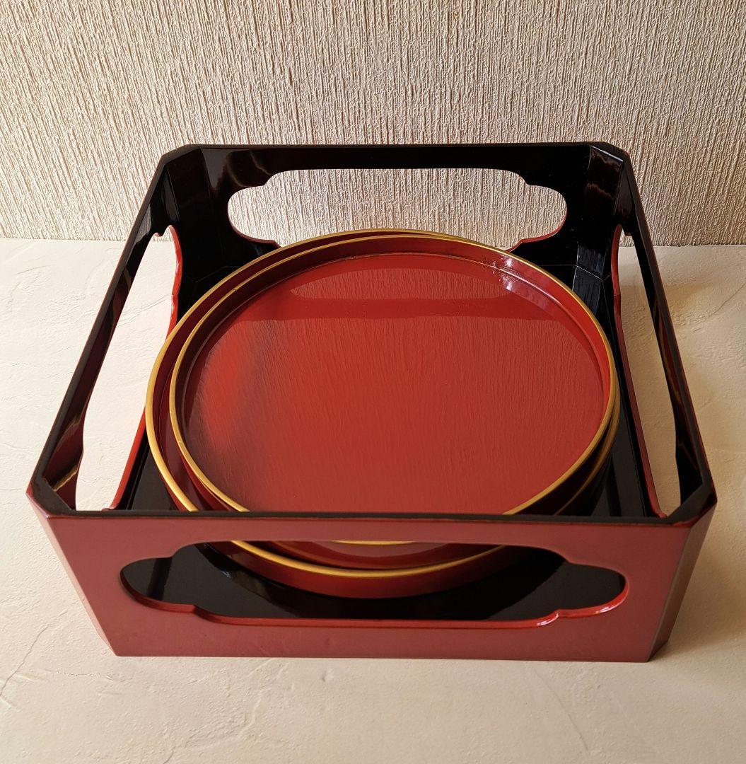 明治40年 輪島塗 大極上本堅地 足付き膳 供養膳 +丸盆2枚