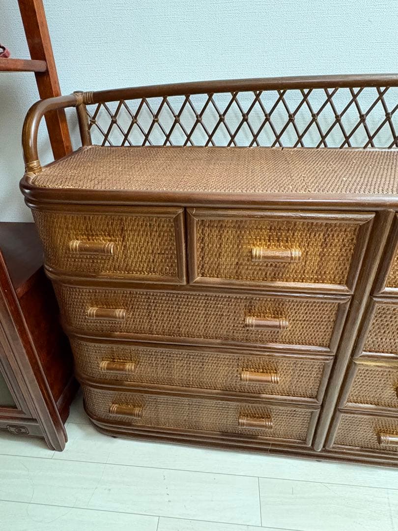 昭和レトロ ラタンチェスト サイドボード サイドチェスト 4段10杯 古家具