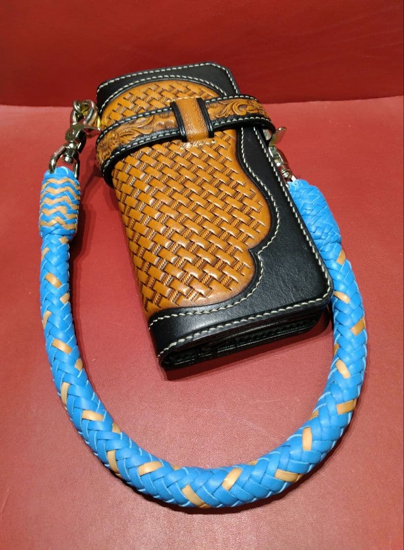 ★Muny様★ウォレットロープ極太☆ヌメ革ブルー×ナチュラル☆12本編み