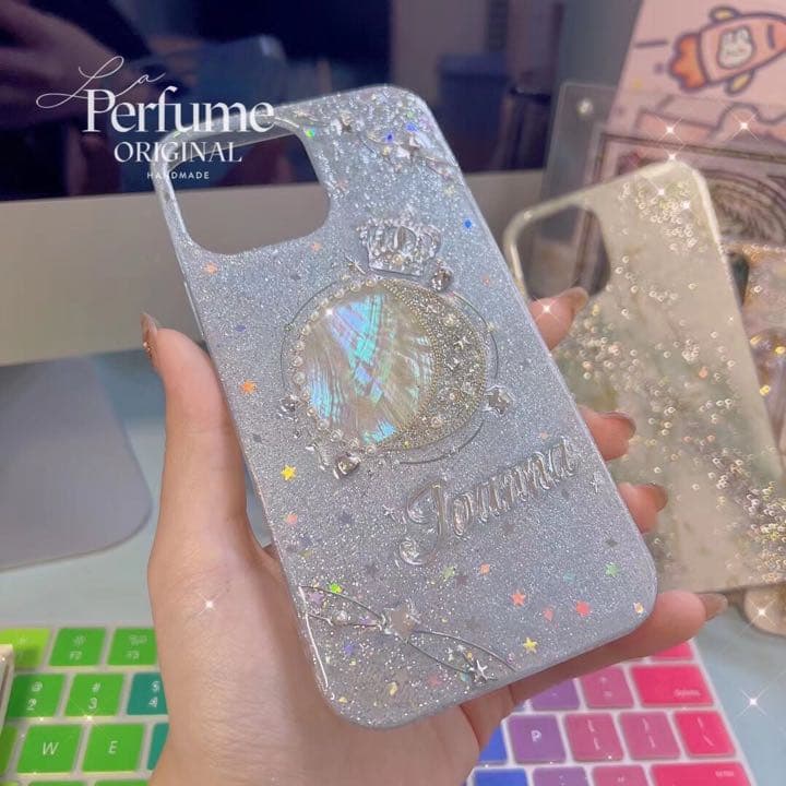 名入れ♡ミラー✨キラキラ クラウンティアラパール♡ イニシャル iPhone 紫