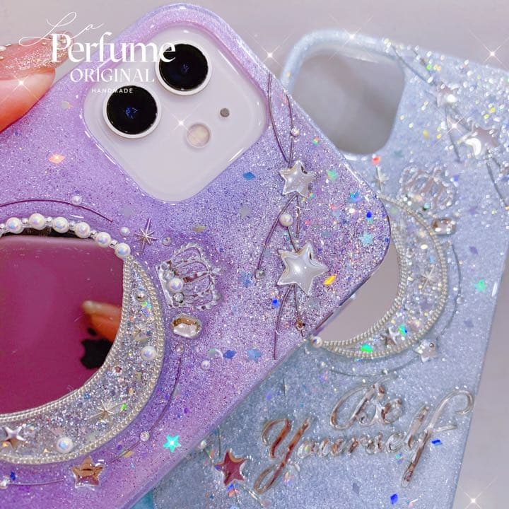 名入れ♡ミラー✨キラキラ クラウンティアラパール♡ イニシャル iPhone 紫