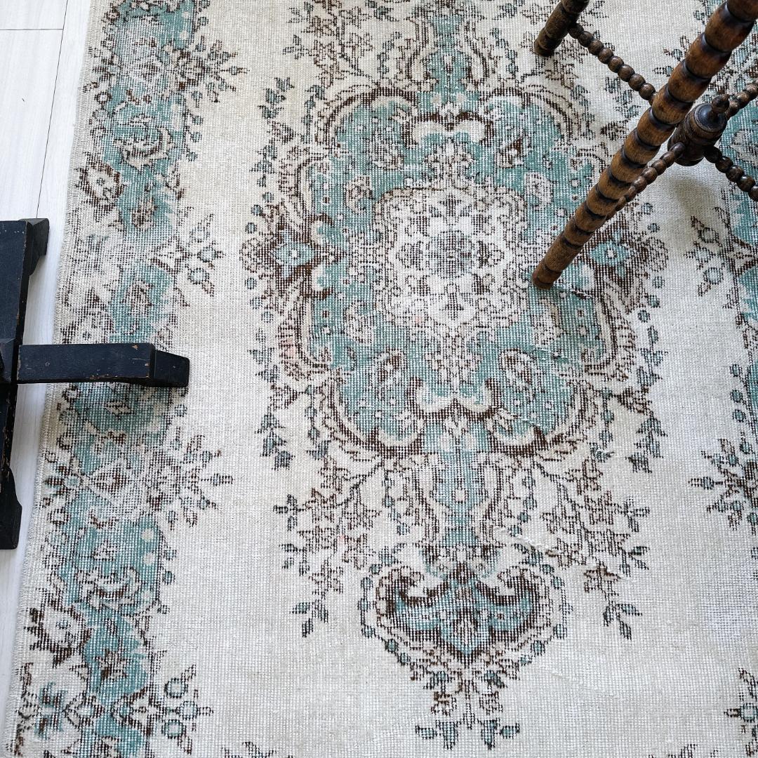 トルコ ヴィンテージラグ A121 定番 クリーム ターコイズブルー メダリオン