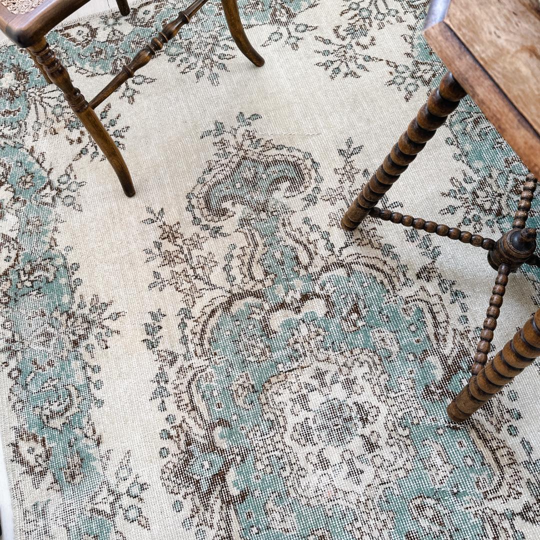 トルコ ヴィンテージラグ A121 定番 クリーム ターコイズブルー メダリオン
