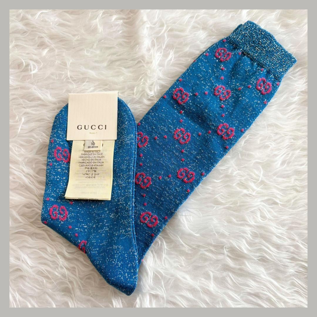 GUCCI　GGロゴ　コットンソックス　ラメ入り　ブルー　20-22cm