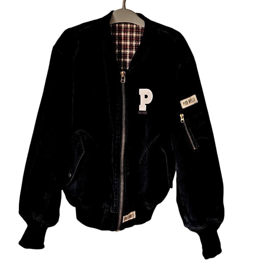 PINK HOUSE ロゴプリント 濃紺デニム ボンバージャケット 中綿入