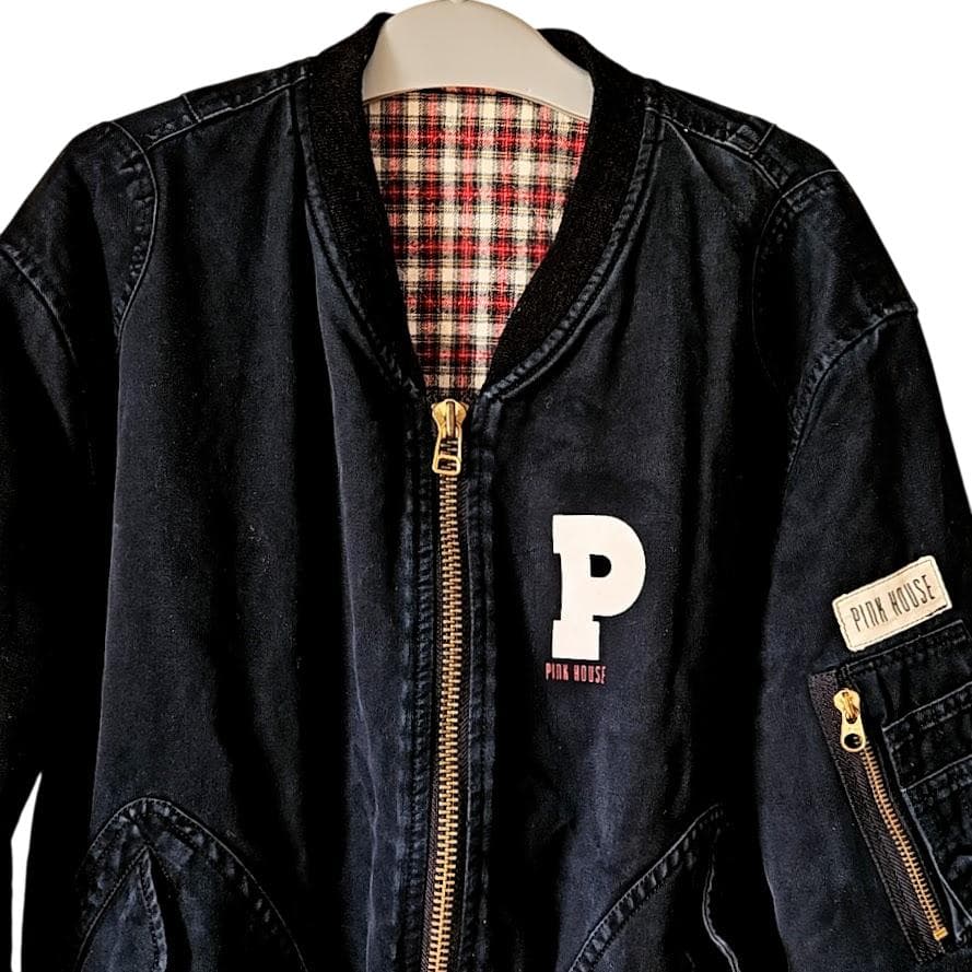 PINK HOUSE ロゴプリント 濃紺デニム ボンバージャケット 中綿入