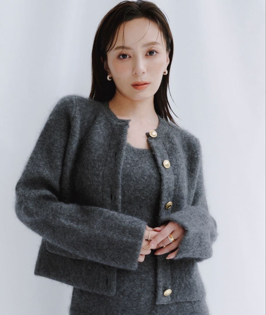 【美品】anuansカシミヤブレンドノーカラージャケット グレー