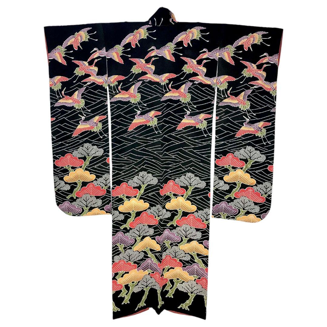 【振袖セット】松に鶴模様　黒地　6点セット　正絹　成人式　美品　アンティーク