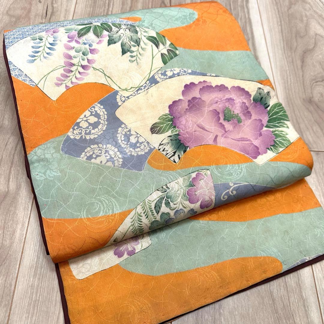 美品　正絹　着物 和服　帯　アンティーク　オレンジ　紫　水色　374 扇