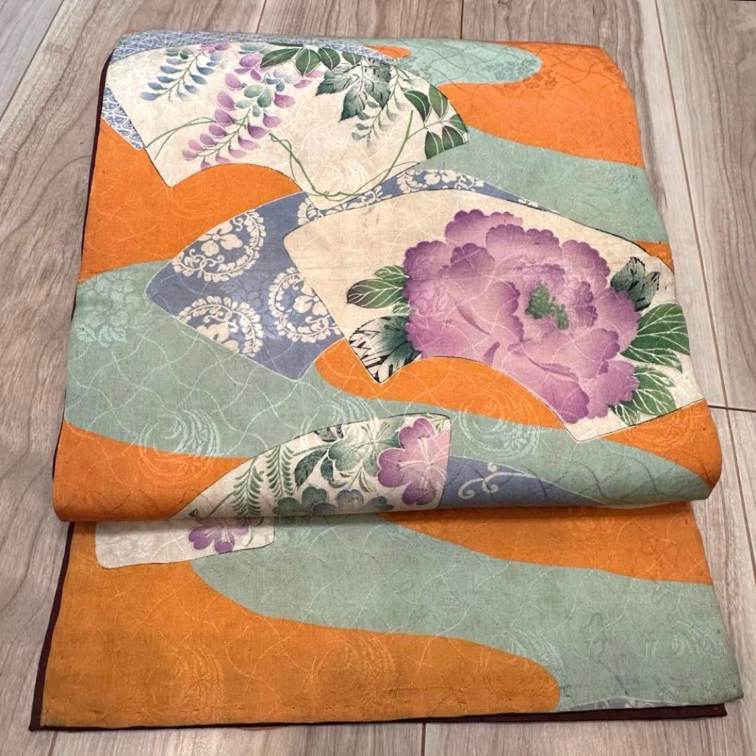 美品　正絹　着物 和服　帯　アンティーク　オレンジ　紫　水色　374 扇