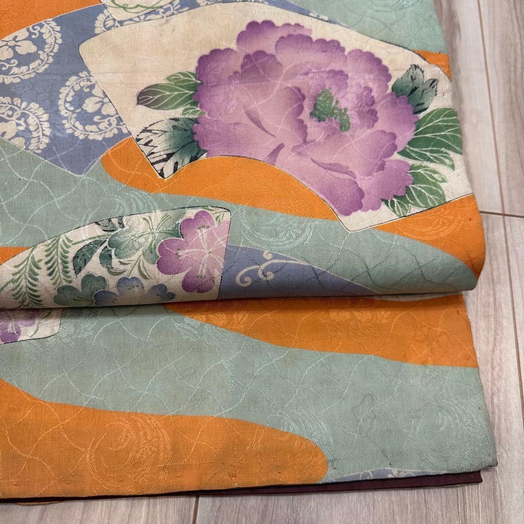 美品　正絹　着物 和服　帯　アンティーク　オレンジ　紫　水色　374 扇
