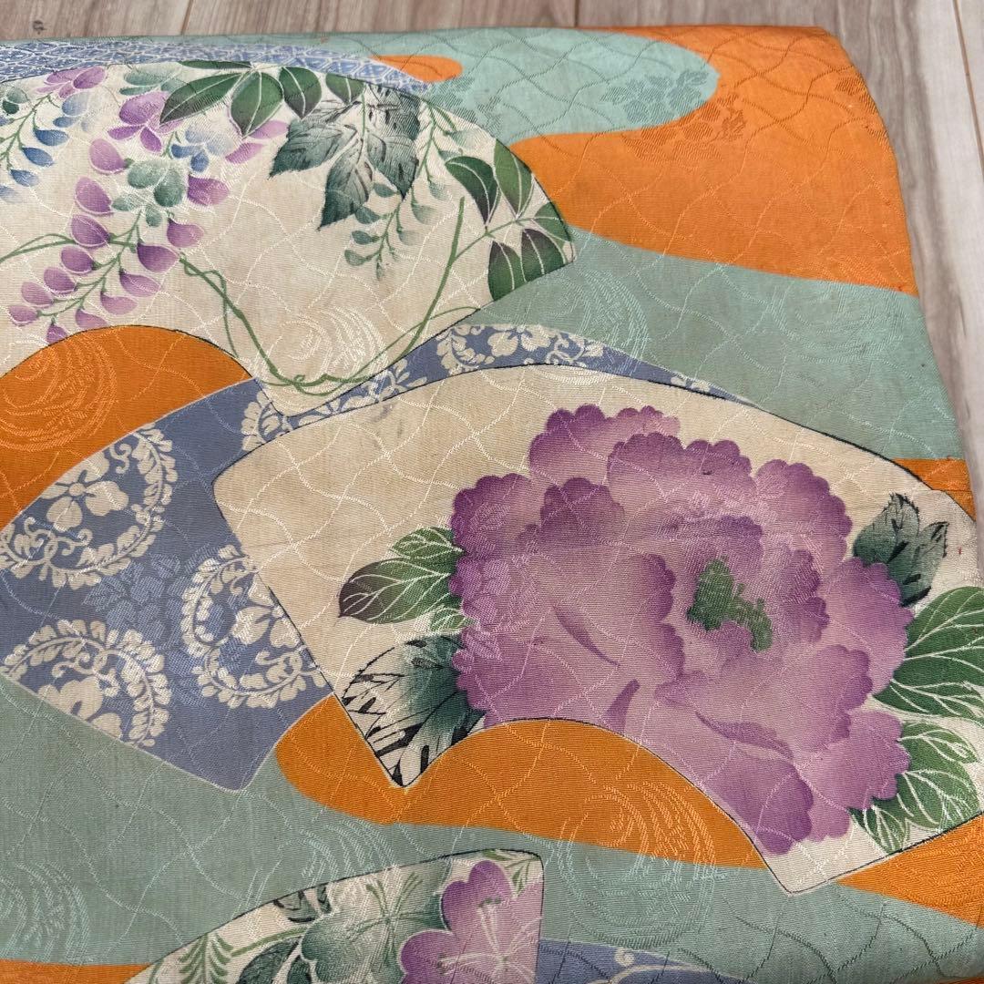 美品　正絹　着物 和服　帯　アンティーク　オレンジ　紫　水色　374 扇