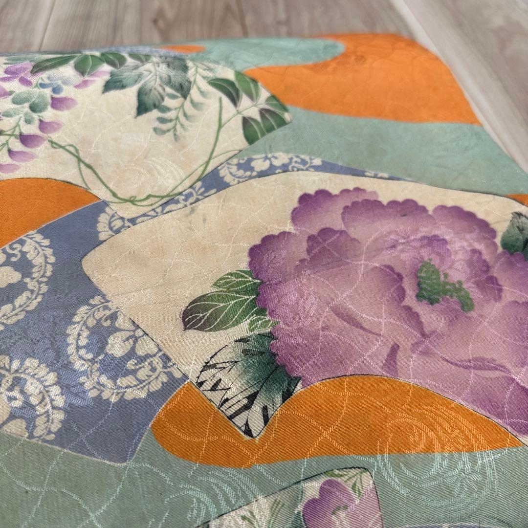 美品　正絹　着物 和服　帯　アンティーク　オレンジ　紫　水色　374 扇