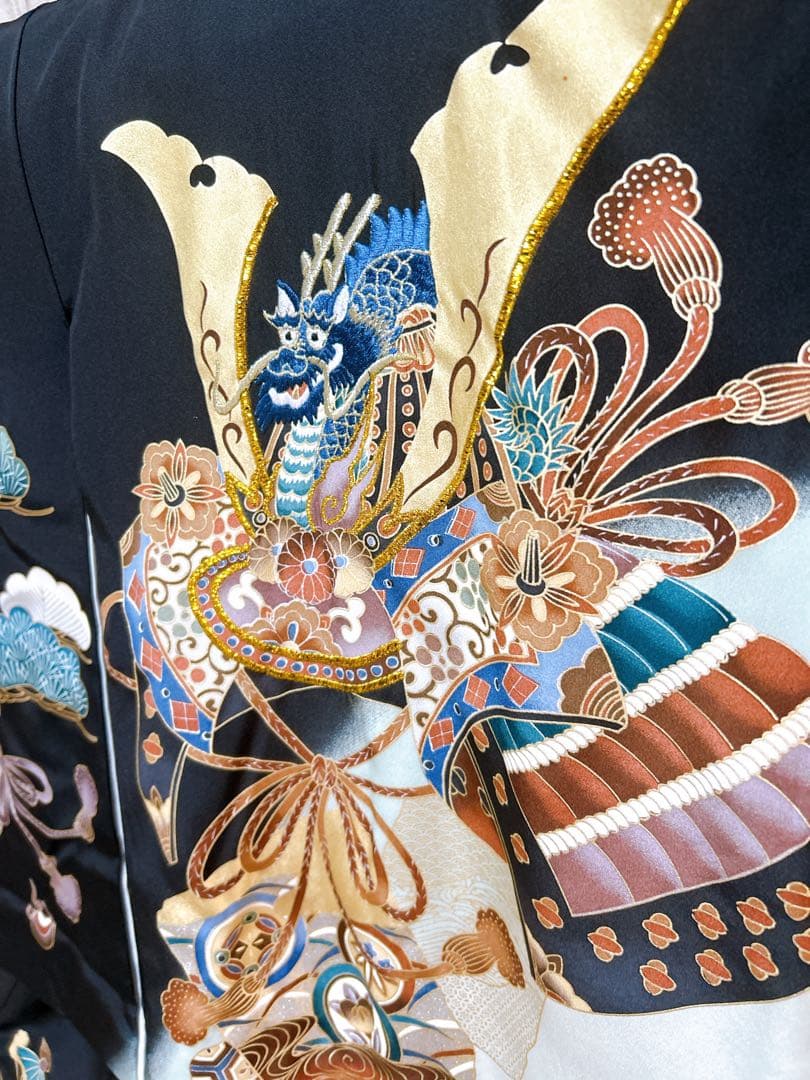 豪華刺繍入り♡産着　掛け着　熨斗目　兜　黒系