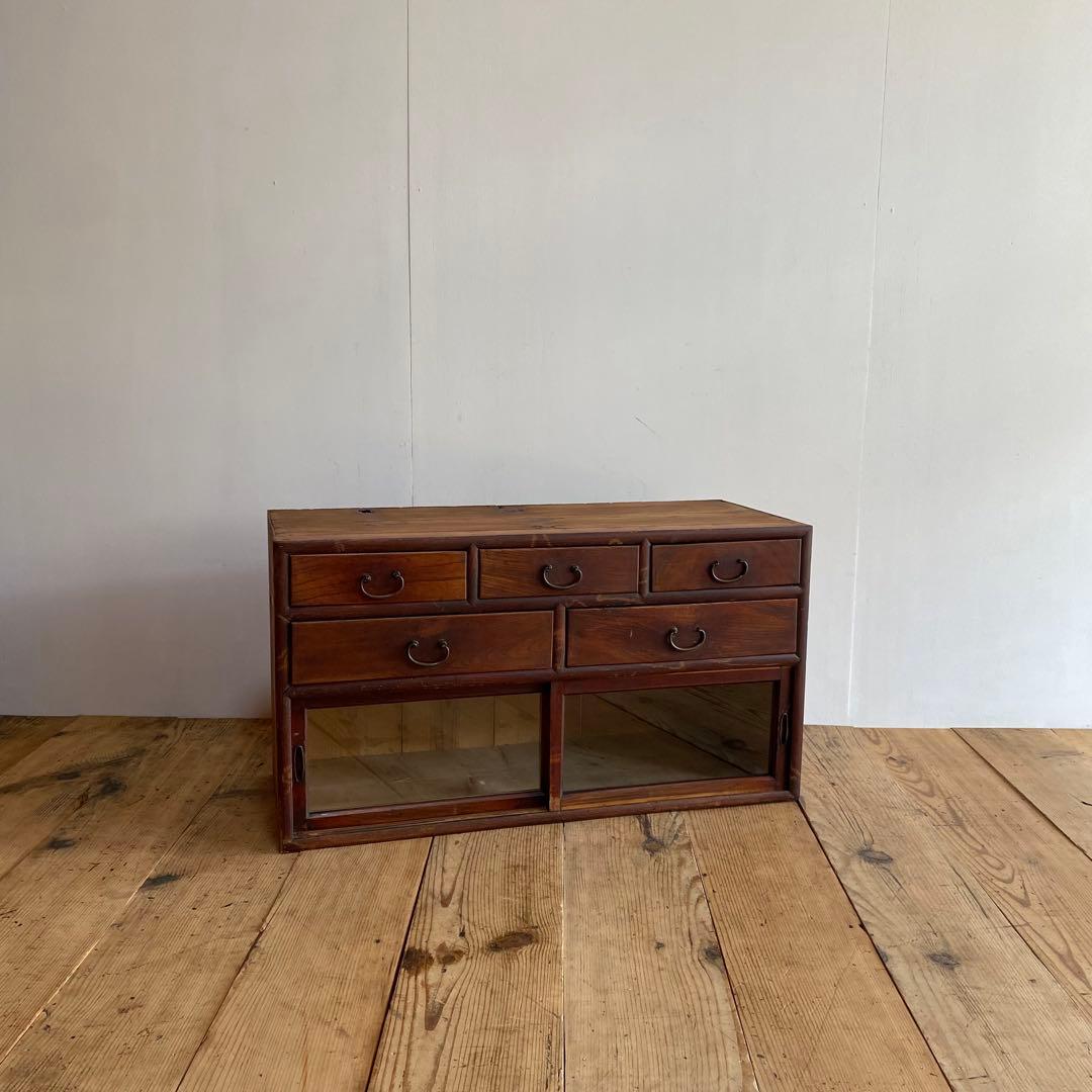 アンティーク ガラス戸 チェスト ローボード テレビ台 レトロ 無垢材 z963