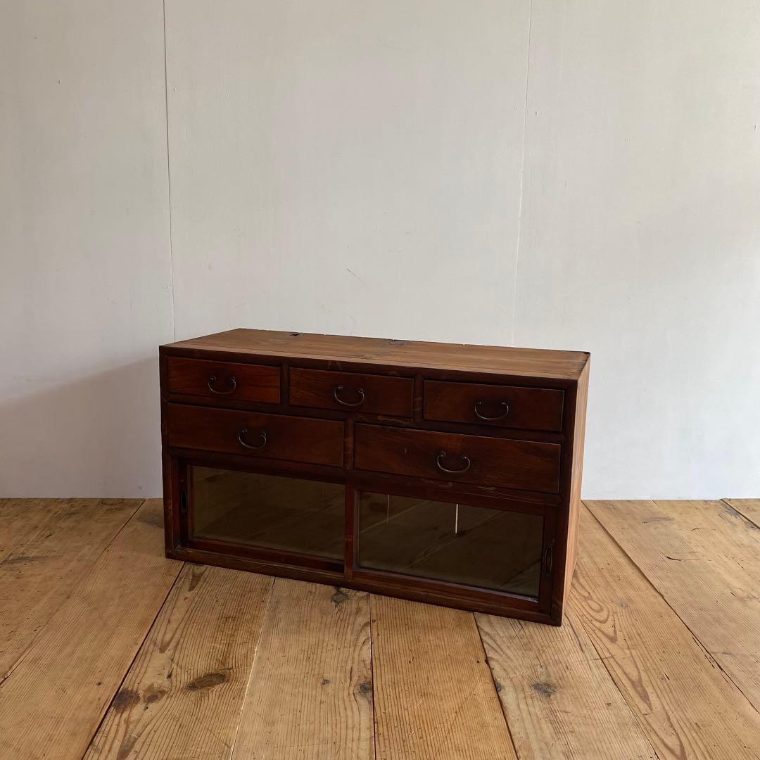 アンティーク ガラス戸 チェスト ローボード テレビ台 レトロ 無垢材 z963