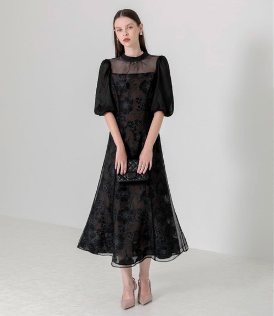 美品✨ Leja 花柄オーガンジーレース シアーパフスリーブドレス M ブラック