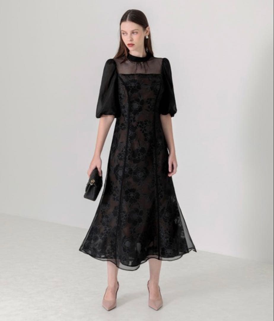 美品✨ Leja 花柄オーガンジーレース シアーパフスリーブドレス M ブラック