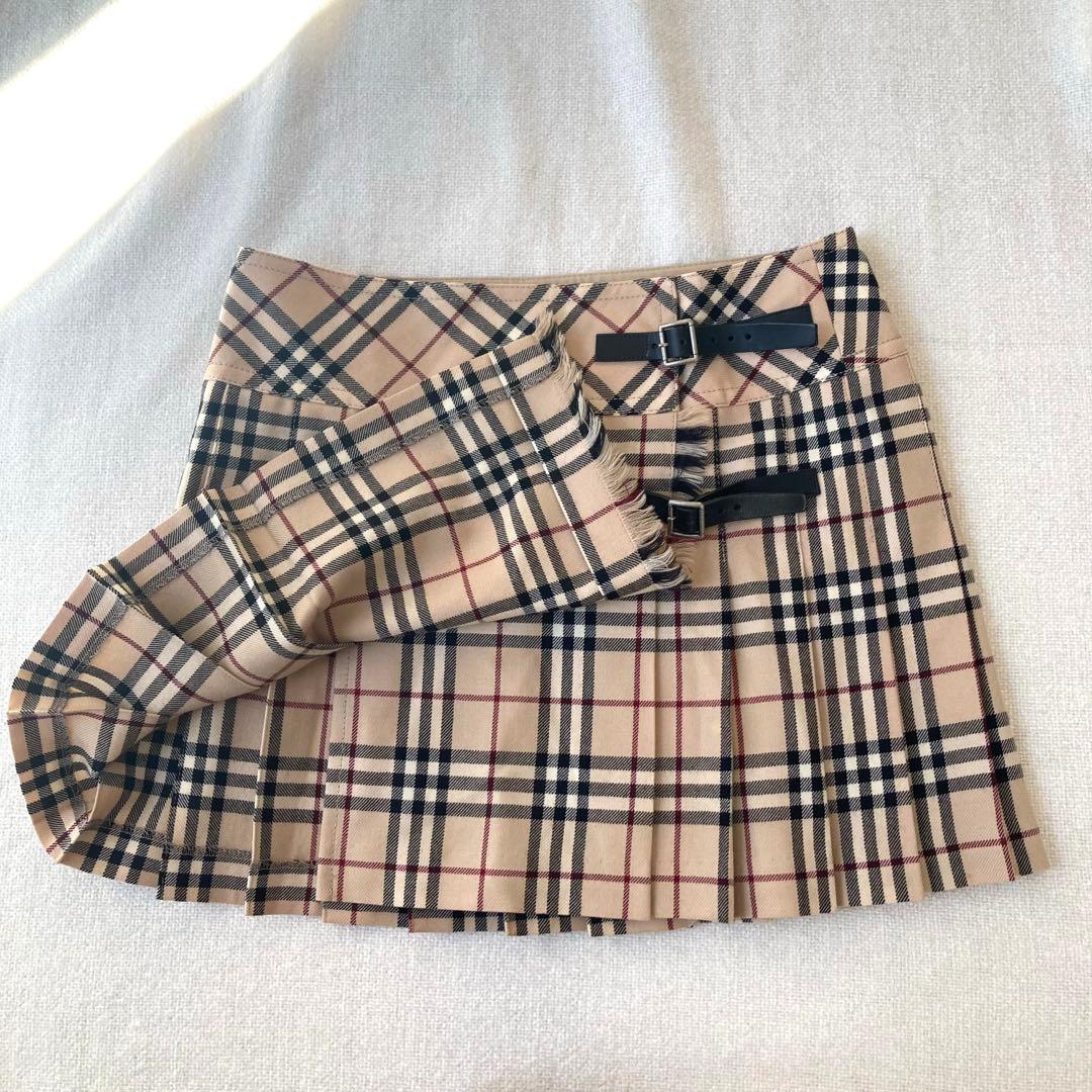 バーバリーブルーレーベル　プリーツスカート　ノバチェック　ベルト　フリンジ　38