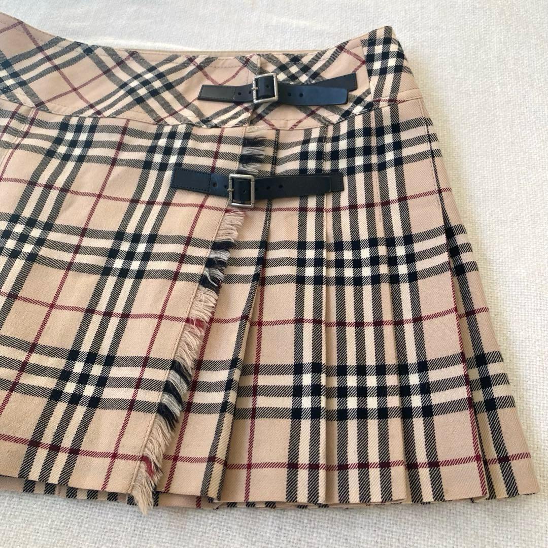 バーバリーブルーレーベル　プリーツスカート　ノバチェック　ベルト　フリンジ　38