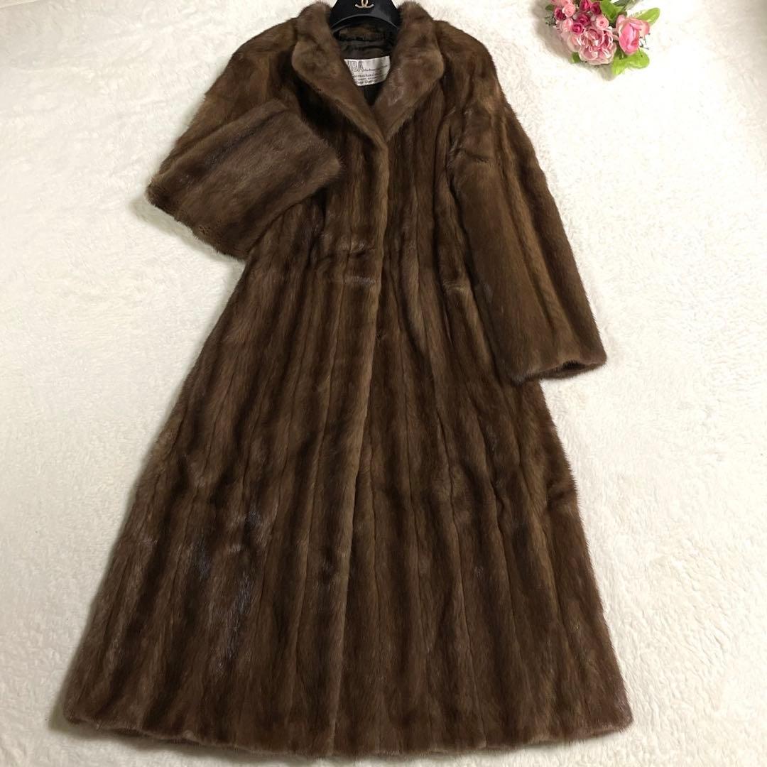 着丈113cm デミバフミンク ロング ファーコート 本毛皮 ブラウン M〜L