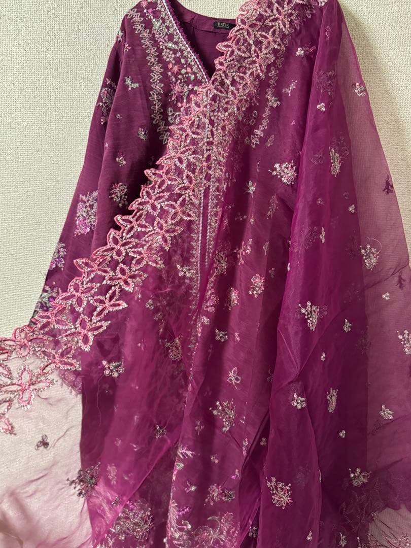 [B-23]プラムボルドー✨シルク刺繍クルタ×フレアチューリップパンツ3点セット