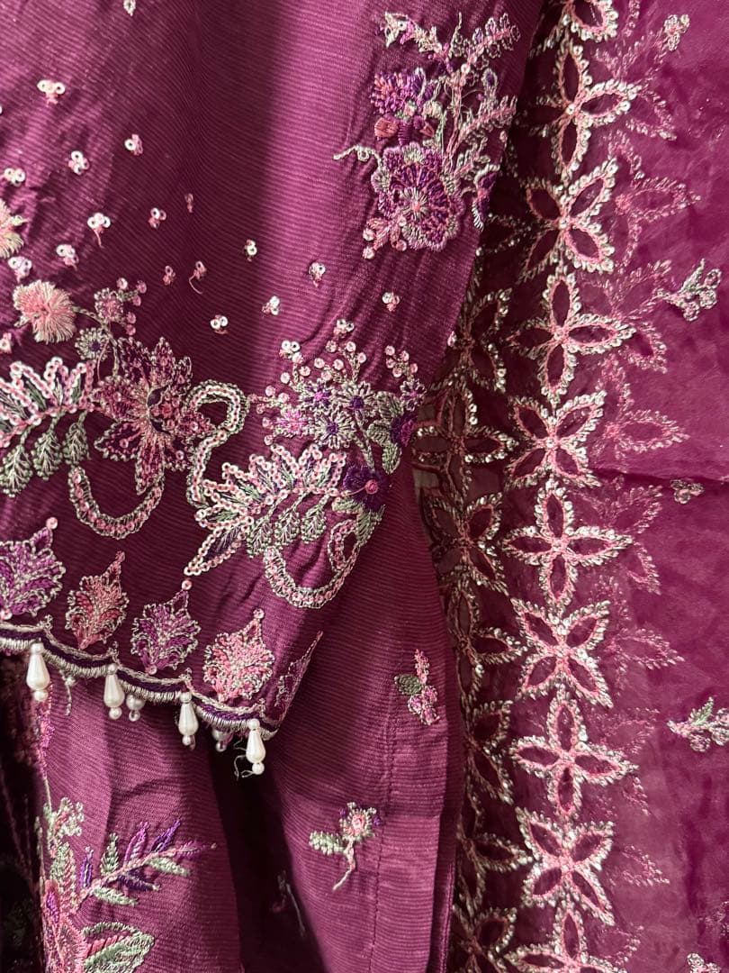 [B-23]プラムボルドー✨シルク刺繍クルタ×フレアチューリップパンツ3点セット