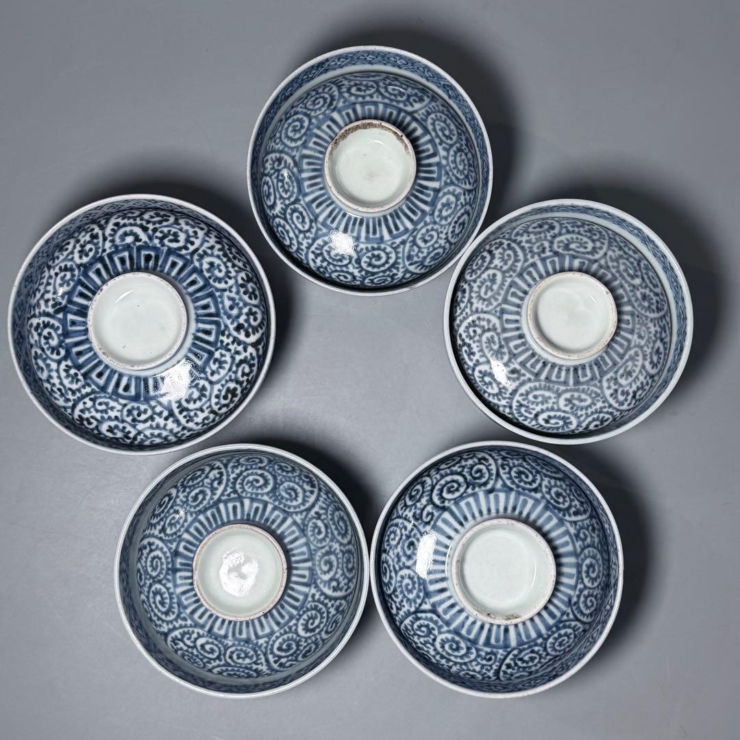 古伊万里　染付蛸唐草蓋物　五客　冨貴長春　松竹梅　古美術