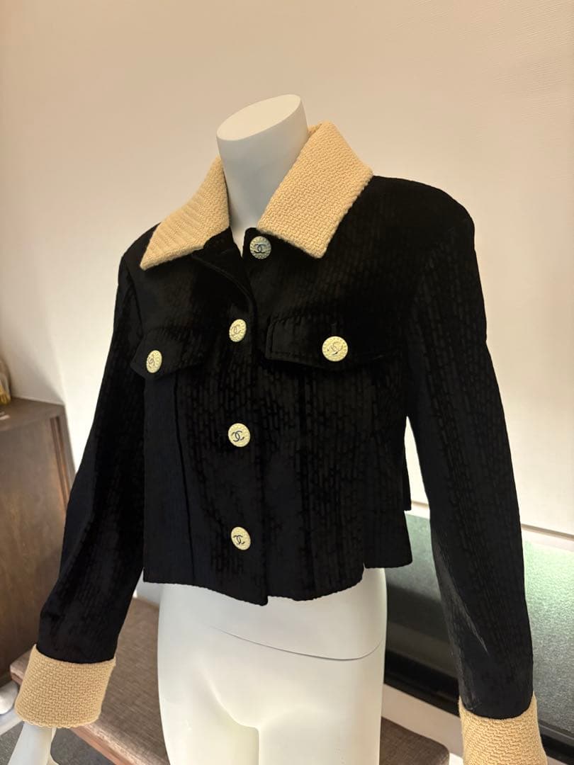22ＢシャネルＣＨＡＮＥＬベロアジャケット黒クリーム34（Ｓサイズ）Ｐ73311